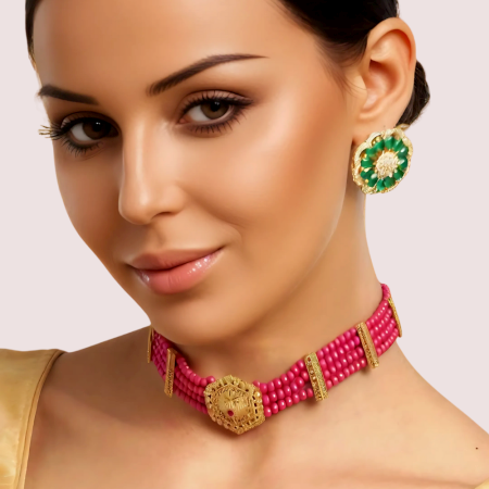 Handmade Brass Alloy HexaCharm Red Beaded Choker Necklace